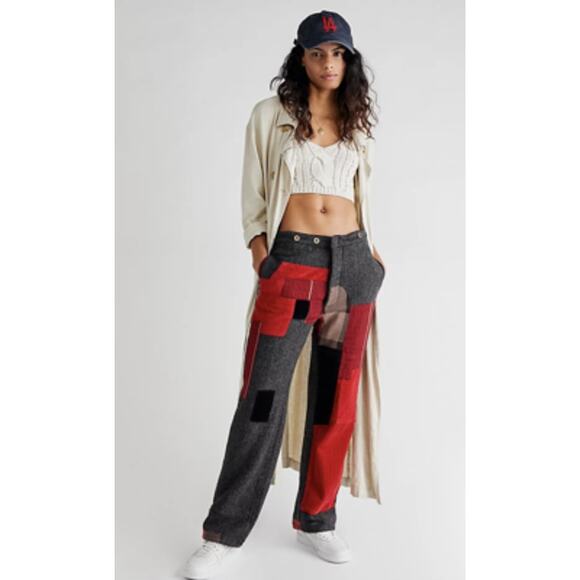 NEW Free People Sandrine Rose Reclaimed Women's Patchwork Pants 30 Red Gray - Picture 1 of 7